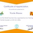 Image may contain: text that says "Certificate of Appreciation This certificate is presented to Eco Training Center Verche Petrova on the World Teachers Day organized by Eco Training Center Sweden on 5th Oct. 2020. ETC Secretary General Ezzat Hassan ශබ EzzattHassan ETC Program Manager Tahir Jan Babar"